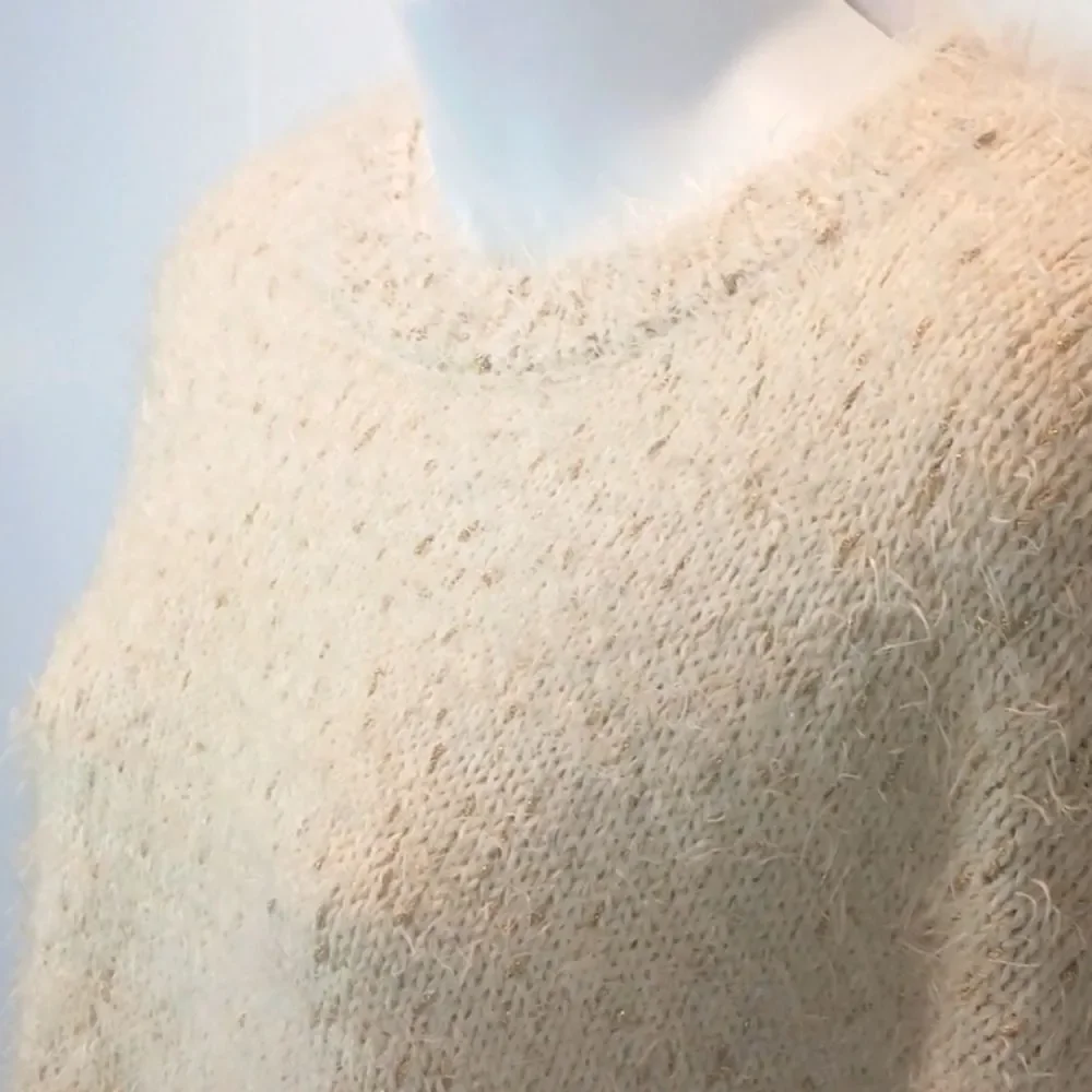 Cotton emporium fuzzy cream/ gold metallic threading long-sleeve sweater (M)